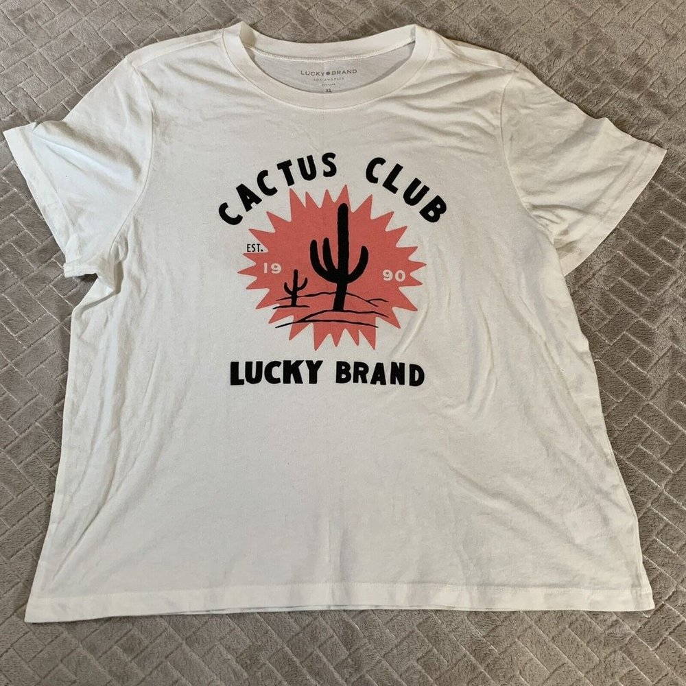 Womens XL Lucky Brand T Shirt White Short Sleeve Southwestern Cactus Graphic